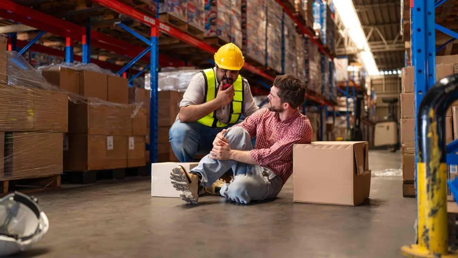Warehouse worker receiving first aid after workplace injury, with supervisor calling for help amid storage shelves and boxes.