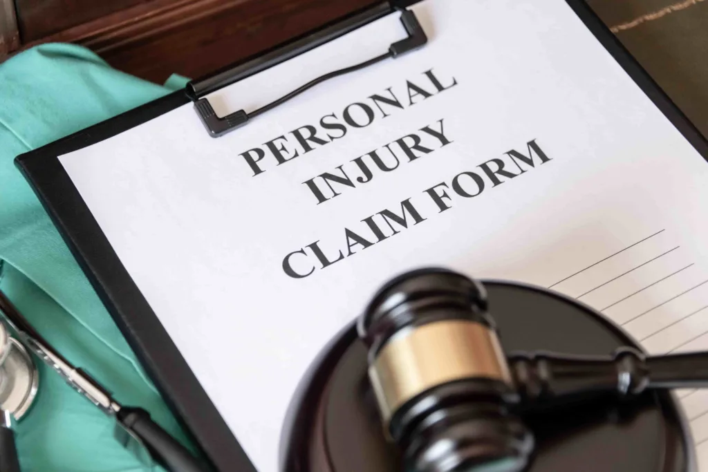 Personal injury claim form on clipboard with judge’s gavel, representing legal compensation process for accident victims