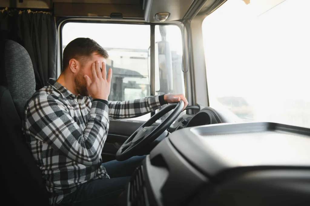 Fatigued truck driver covering face while sitting behind wheel, driver fatigue and road safety risk concept