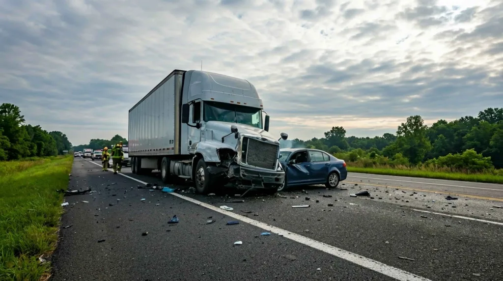 Semi-truck and passenger car collision on highway with debris and emergency responders, depicting serious truck accident and roadway crash scene