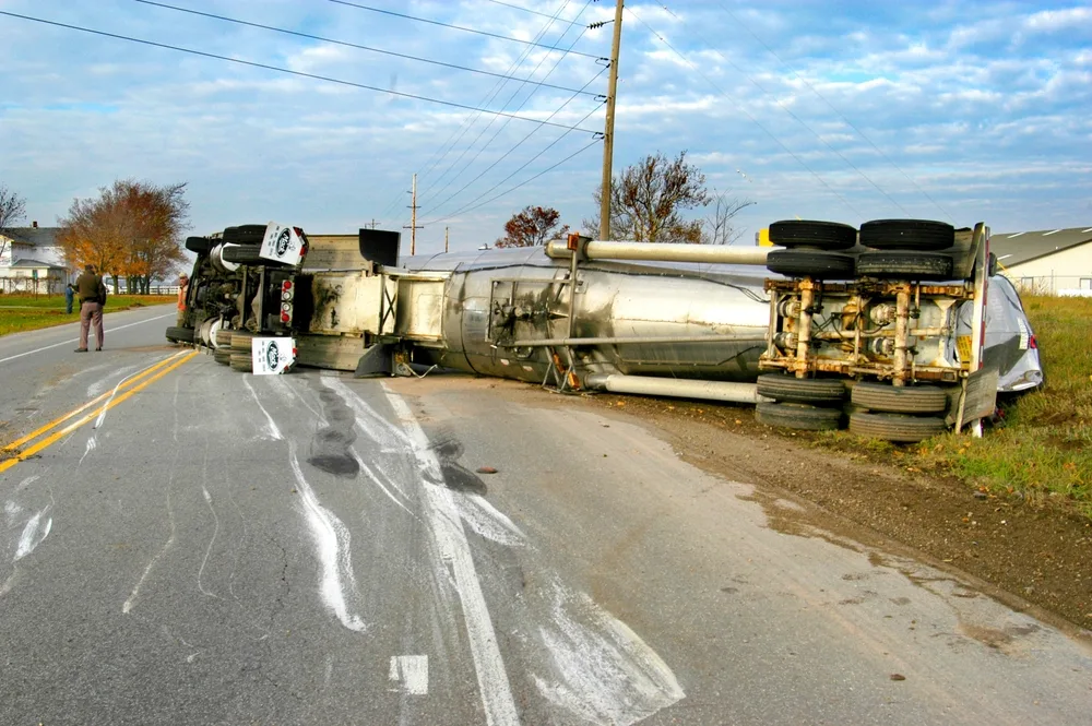 Overturned commercial truck involved in a serious rollover accident.