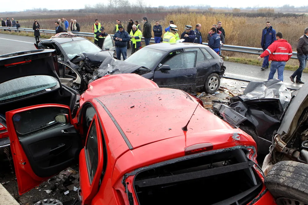 Multi-vehicle car accident on a roadway that could result in whiplash injuries in San Antonio, Texas.