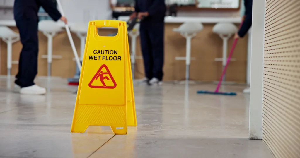 Wet floor hazard in a store aisle, the type of condition behind Texas slip-and-fall claims