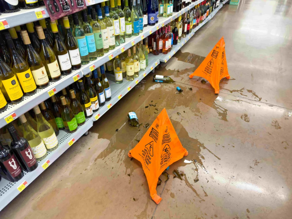 wet floor caution sign grocery store aisle