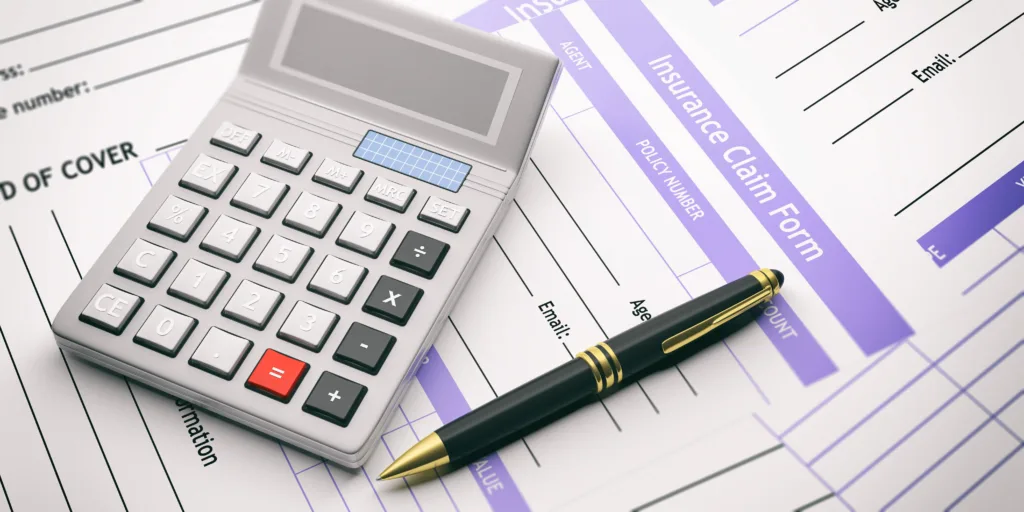 Insurance settlement documents and calculator on a desk in Texas