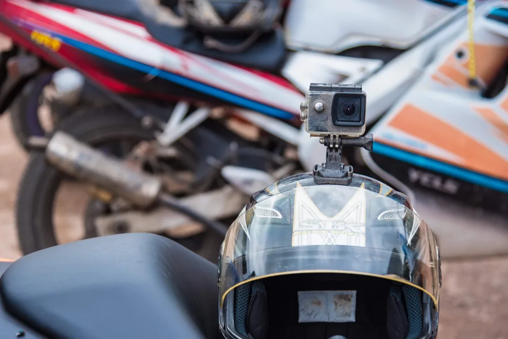 Helmet-mounted camera that can capture critical seconds before a motorcycle crash