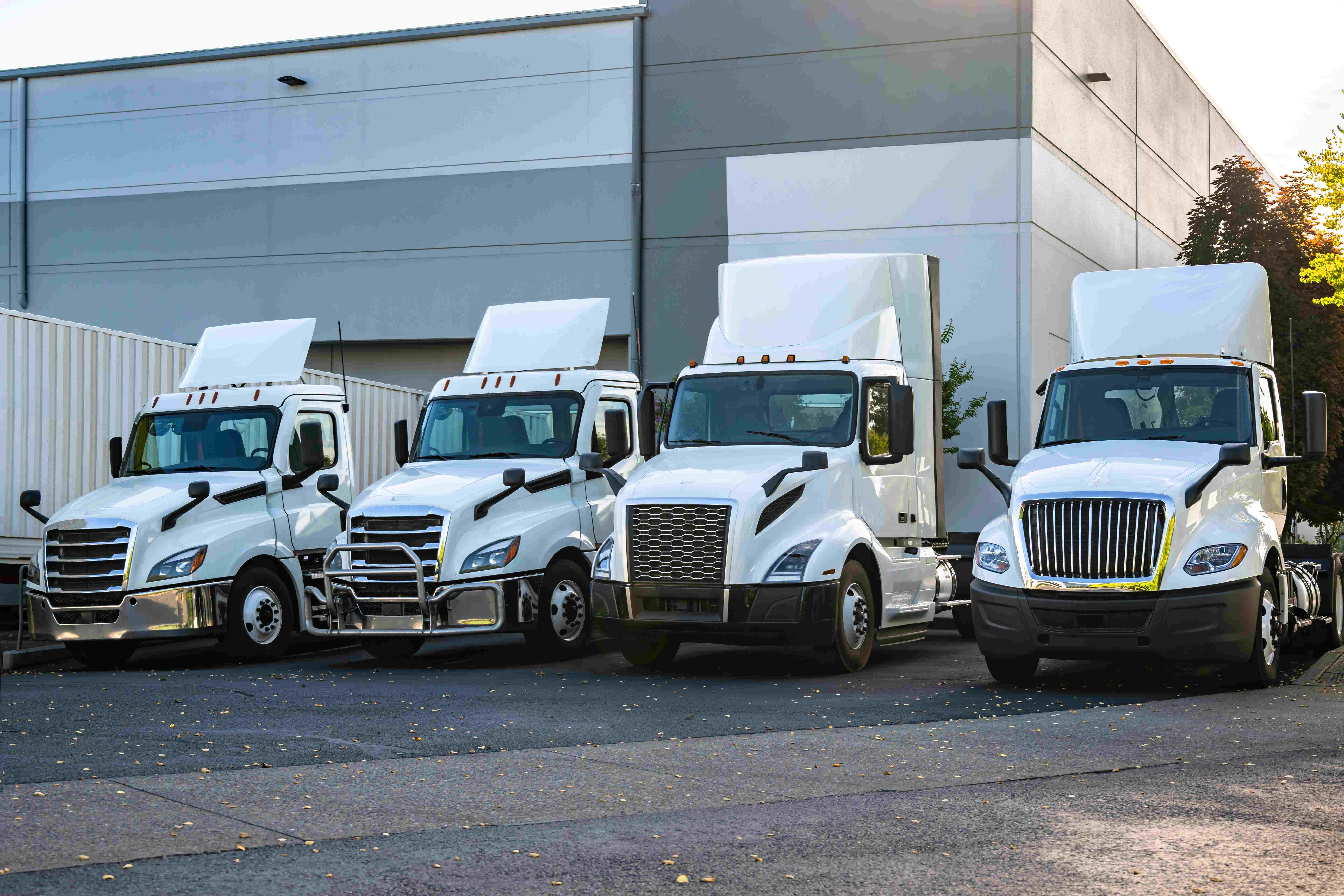 Fleet of commercial semi-trucks parked at a distribution facility