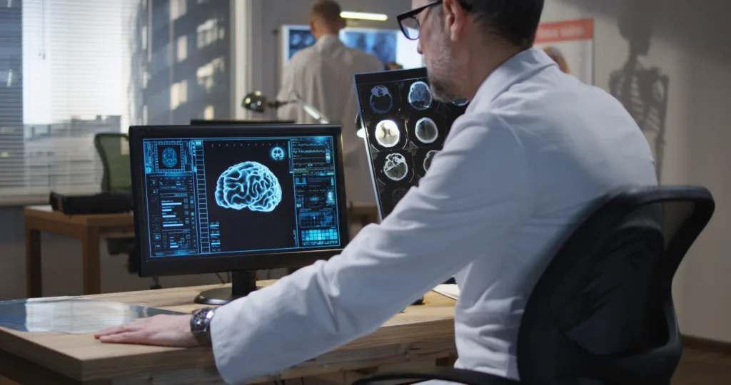 neurologist reviewing brain scan monitor american